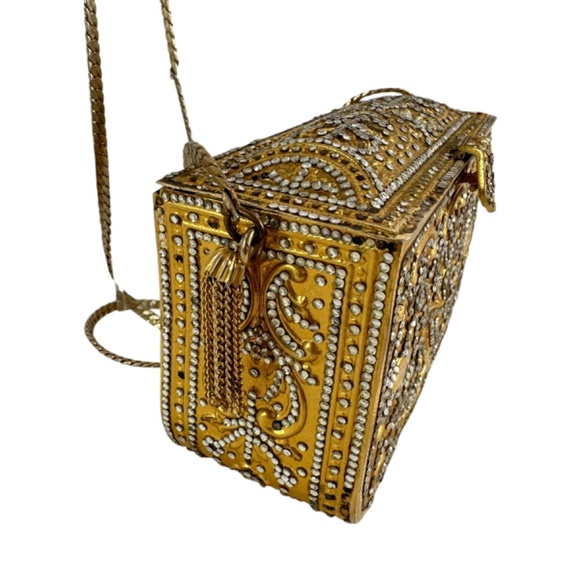 Rare Vintage JUDITH LEIBER Minaudière Gold Crystal Gilded Stamp Clutch Bag - Picture 6 of 16